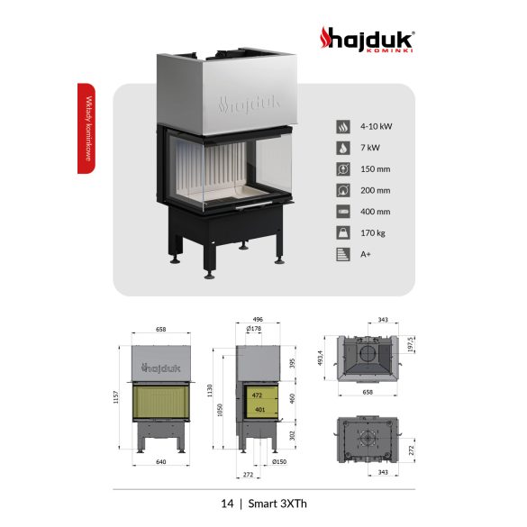 Hajduk Smart 3 XTH 6,5 Kw modern zárt égésterű panoráma kandallóbetét