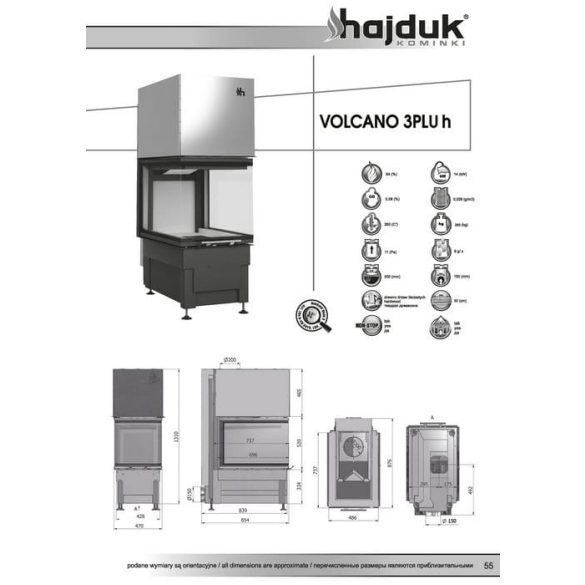 Hajduk Volcano 3PLUH 14 kW zárt égésterű panoráma kandallóbetét