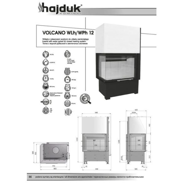 Hajduk Volcano W12H bal liftes 12 kW vízteres modern zárt égésterű sarok kandallóbetét