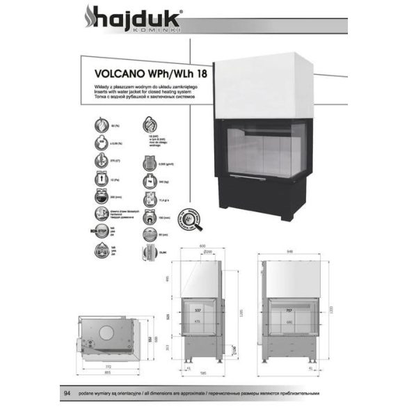 Hajduk Volcano W18H bal 18 kW vízteres modern zárt égésterű sarok kandallóbetét