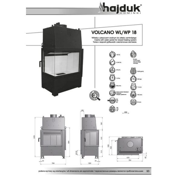 Hajduk Volcano W18 bal 18 kW vízteres modern zárt égésterű sarok kandallóbetét