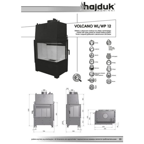 Hajduk Volcano W12 bal 12 12 kW vízteres modern zárt égésterű sarok kandallóbetét