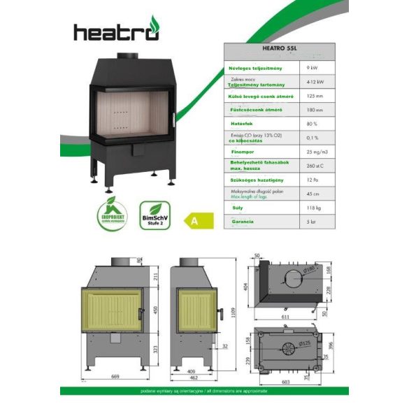 Hajduk Heatro 55L, modern, zárt égésterű balos sarok kandallóbetét