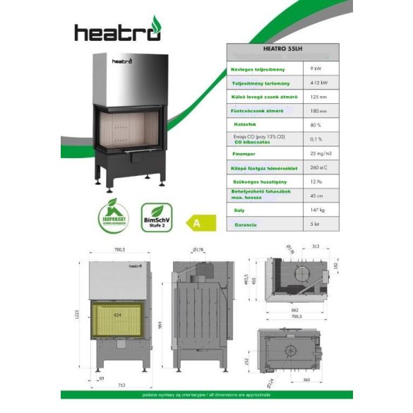 Hajduk Heatro 55LH, modern, zárt égésterű balos sarok kandallóbetét