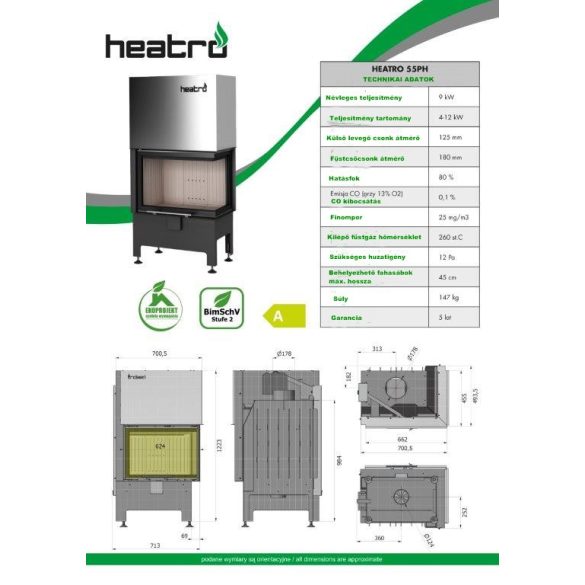 Hajduk Heatro 55PH, modern, zárt égésterű jobbos sarok kandallóbetét